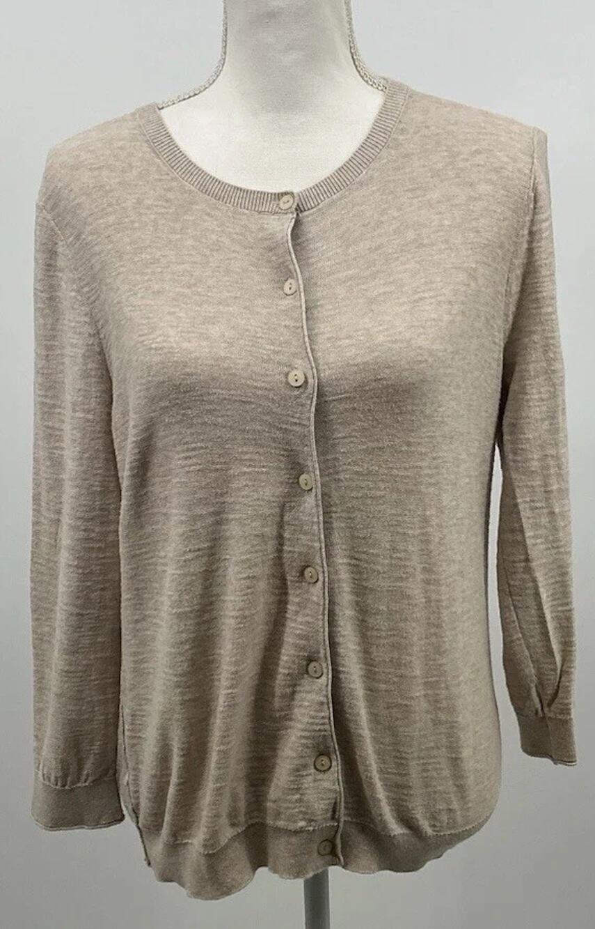 LOFT Beige Knit Cardigan Womens L Classic Minimalist Casual Layering Sweater Top